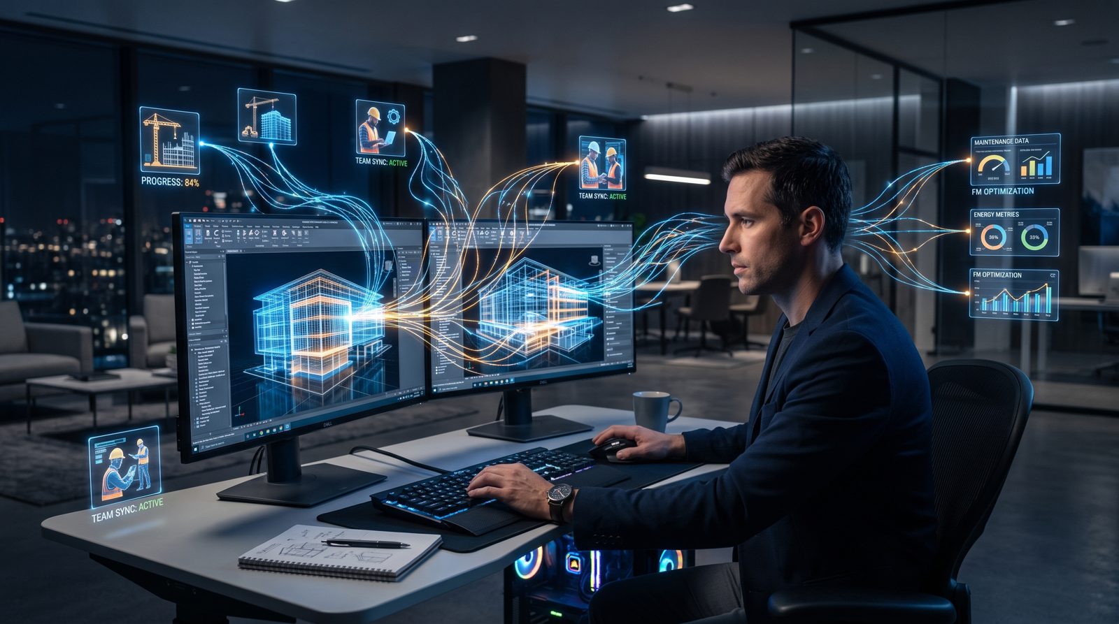 Ingeniero VDC orquestando un gemelo digital con datos de obra en tiempo real
